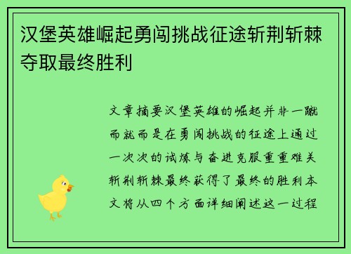 汉堡英雄崛起勇闯挑战征途斩荆斩棘夺取最终胜利