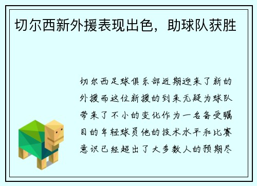 切尔西新外援表现出色，助球队获胜