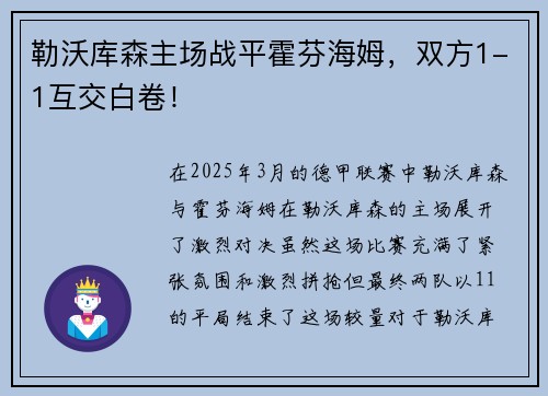 勒沃库森主场战平霍芬海姆，双方1-1互交白卷！