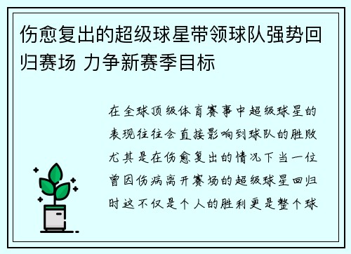 伤愈复出的超级球星带领球队强势回归赛场 力争新赛季目标