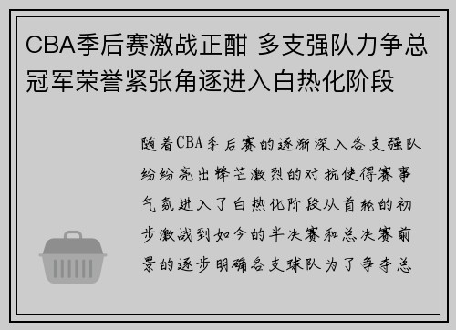 CBA季后赛激战正酣 多支强队力争总冠军荣誉紧张角逐进入白热化阶段
