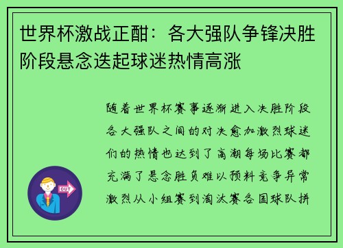 世界杯激战正酣：各大强队争锋决胜阶段悬念迭起球迷热情高涨